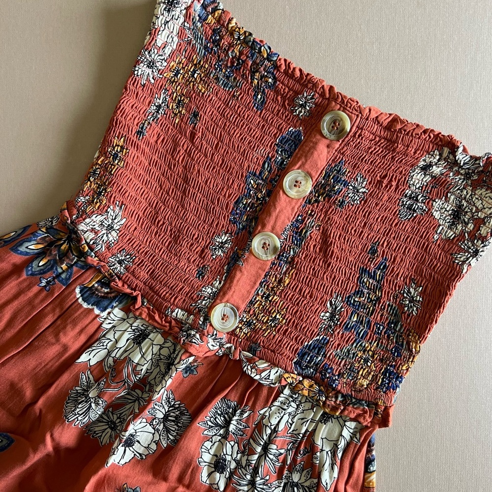 Angie Brick Orange Floral Smocked Button Front Maxi Dress